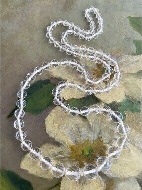 Vintage Art Deco Faceted Rock Crystal Graduated Long 34” Hand Knotted Necklace